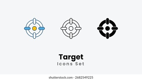 Target Icons línea delgada, glifo negro, icono de Vector de línea de color Ilustración de stock