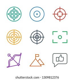 target icons. Trendy 9 target icons. Contain icons such as thumb up, flag on mountain, bow, center focus, sniper target. target icon for web and mobile.