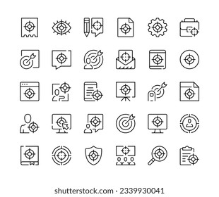 Zielsymbole. Vektorliniensymbole gesetzt. Ziel, Zielmarkt, Errungenschaften, Unternehmensziele. Strichzeichen mit schwarzem Umriss