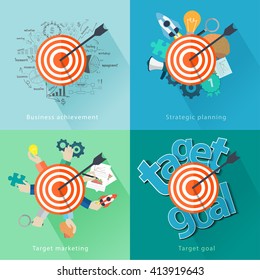 Target ideas concept with flat design background, Analysis and planning, consulting, team work, project management, brainstorming, research and development, Vector illustration modern layout template