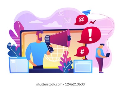 Target individual with laptop attacked online by user with megaphone. Internet shaming, online harassment, cyber crime action concept. Bright vibrant violet vector isolated illustration