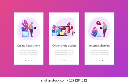 Target individual with laptop attacked online by user with megaphone. Internet shaming, online harassment, cyber crime action concept. Mobile UI UX GUI template, app interface wireframe