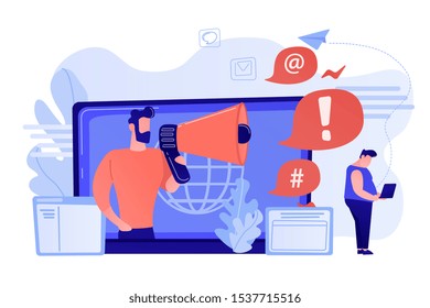 Target individual with laptop attacked online by user with megaphone. Internet shaming, online harassment, cyber crime action concept. Pinkish coral bluevector isolated illustration