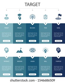 target Infographic 10 steps UI design.big idea, task, goal, patience simple icons