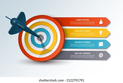 Target infographic template with 4 steps, options. Vector banner with target, dart and four arrows with place for text and icons. Can be used for chart, diagram, business presentation, brochure.