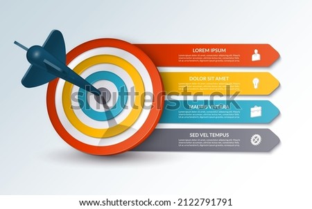 Target infographic template with 4 steps, options. Vector banner with target, dart and four arrows with place for text and icons. Can be used for chart, diagram, business presentation, brochure.