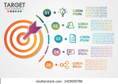 Target infographics 5 steps or options business design vector and marketing with icons.Can be used for presentation, banner, graphic, business flow and diagram.Creative template.