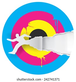 Target with inks and running man. Target with print colors and Male silhouette ripped paper. Concept for presenting color printing press.Vector illustration. 