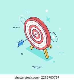 Ilustración vectorial de concepto isométrico objetivo. Tiroteo de objetivo. Composición de dibujos animados de éxito empresarial sobre el fondo turquesa para el diseño web. Idea creativa para sitio web, móvil, presentación