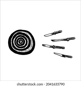 target and knives flying at it - hand drawn in engraving style vector illustration 