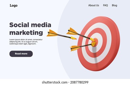 Target landing page, banner business 3d icon. Vector illustration. Target dart with arrow over blue background, metaphor to target marketing or target arrow concept. Bullseye arrow, goal success.