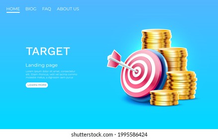 Target landing page, stack coins, banner business 3d icon. Vector illustration