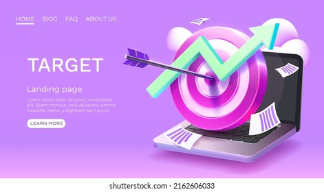 Target laptop finance landing page, banner business 3d icon. Vector illustration