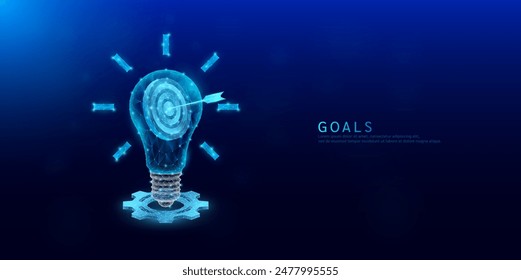 Target in light bulb polygonal glowing on cogwheels. Share ideas teamwork. Collaboration effective functioning for the organization success goals. Vector EPS10.