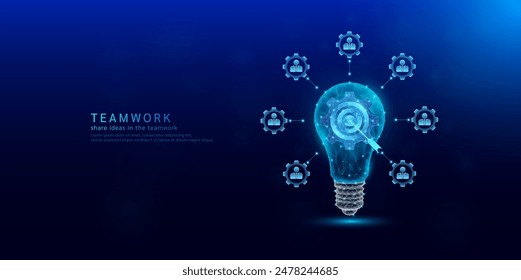 Target in light bulb polygonal glowing surrounded by people icon cogwheels. Share ideas workplace teamwork. Collaboration effective functioning for the organization success goals. Vector EPS10.