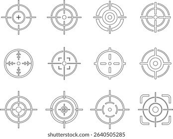 Target line art icon set.target icon on isolated background. Crosshair in black.Editable Stroke, Pixel Perfect, Stock Illustration. Goal symbol collection. Darts icon. Hitting the bullseye line.