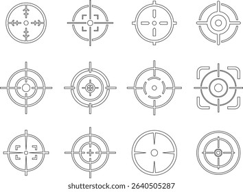 Target line art icon set.target icon on isolated background. Crosshair in black.Editable Stroke, Pixel Perfect, Stock Illustration. Goal symbol collection. Darts icon. Hitting the bullseye line.