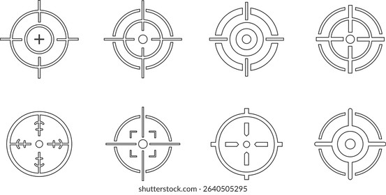 Target line art icon set.target icon on isolated background. Crosshair in black.Editable Stroke, Pixel Perfect, Stock Illustration. Goal symbol collection. Darts icon. Hitting the bullseye line.