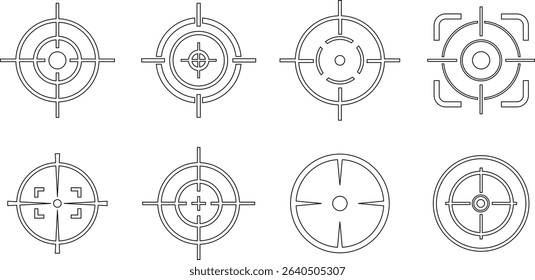 Target line art icon set.target icon on isolated background. Crosshair in black.Editable Stroke, Pixel Perfect, Stock Illustration. Goal symbol collection. Darts icon. Hitting the bullseye line.