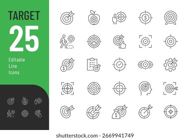 Zielzeile Editierbare Symbole gesetzt. Vektorgrafik im modernen dünnen Linienstil von Erfolg bezogenen Symbolen: Ziel, Aspiration, Bullen-Auge, und mehr. Piktogramme und Infografiken für mobile Apps