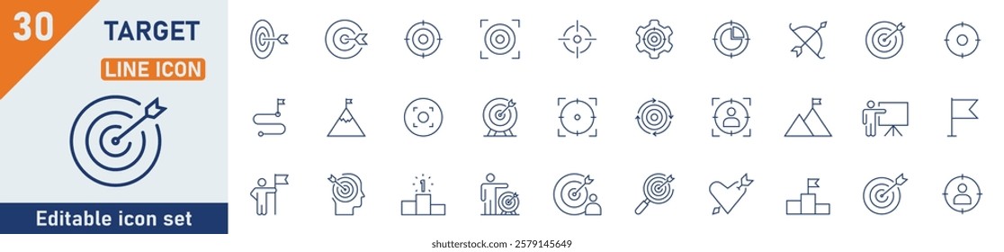 Target line icon set. Set of 30 outline icons related to target, goal, achievement, focus, success, mission, arrow and others. Editable stroke. Vector illustration.