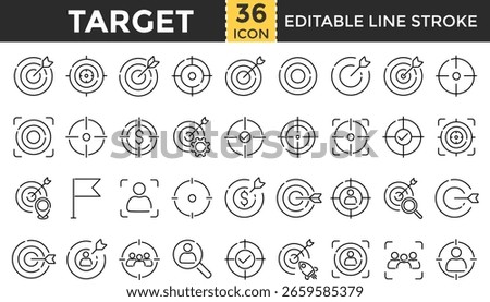 Target Line Icon Set – Pixel perfect and Outline Editable Stroke Icons for Goal, Success, Focus, Mission, Headhunting, and Achievement