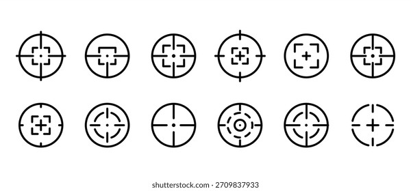 Iconos de línea de destino. Grande conjunto de objetivos en varios estilos. Iconos de pistola de vista. Veo iconos de francotiradores. Enfoca el cursor en el objetivo. Icono de enfoque para apuntar, tiro con arco, disparo o navegación. Iconos del vector 