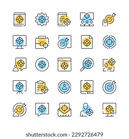 Target line icons. Set of target icons. Black, blue and yellow colors. Modern outline graphic design. Vector line icons set