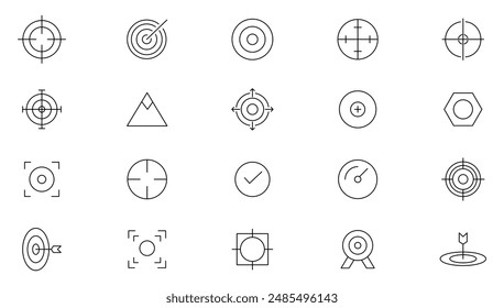 Target line icons set. Core values, trust, integrity, innovation, growth, goal, teamwork, customers, motivation, vision, mission, values, personal growth, and innovation outline icon collection.