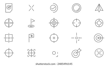 Target line icons set. Core values, trust, integrity, innovation, growth, goal, teamwork, customers, motivation, vision, mission, values, personal growth, and innovation outline icon collection.