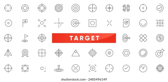 Target line icons set. Core values, trust, integrity, innovation, growth, goal, teamwork, customers, motivation, vision, mission, values, personal growth, and innovation outline icon collection.