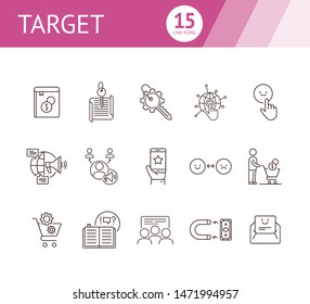 Target line icons. Set of line icons. People at presentation, magnet with banknote. Finance concept. Vector illustration can be used for topics like banking, business