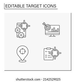 Target line icons set.Navigation. Analysing, researching and development. Targeting concept. Isolated vector illustrations. Editable stroke