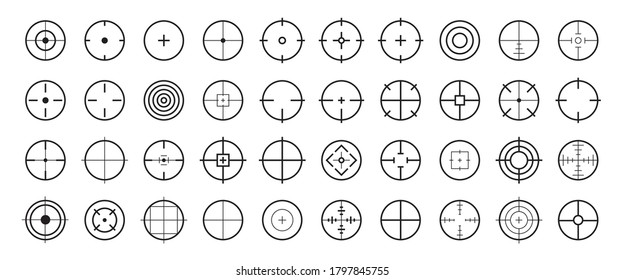 Conjunto de iconos del vector de línea de destino. Enfoque de orientación de armas de fuego, cruzado, símbolo circular de contorno. Puntero de puntería de nivelador