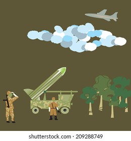 target locked - Antiaircraft unit on the position of missile launch, airplane in the sky, hand drawn in primitive funny manner illustration