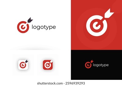 Target logo with arrow hitting center, symbolizing precision, success, goal achievement. Ideal for marketing, business strategy, consulting, branding, leadership coaching. Vector logo concept