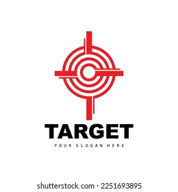Logotipo de destino, diseño de disparo de flecha, vector de icono de objetivo de flecha