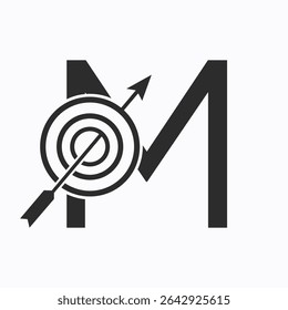 Target Logo On Letter M Concept For Success Symbol. Business Goal Logo Design