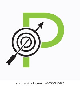 Target Logo On Letter P Concept For Success Symbol. Business Goal Logo Design