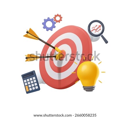 Target and magnifying glass, 3D render vector illustration. Business development strategy, and action plan concept with icon business strategy and Action plan, search, goal, strategy, success