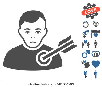 Target Man icon with bonus dating images. Vector illustration style is flat iconic cobalt and gray symbols on white background.