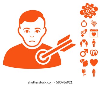 Target Man icon with bonus decoration pictograph collection. Vector illustration style is flat iconic orange symbols on white background.