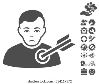 Target Man icon with bonus setup tools graphic icons. Vector illustration style is flat iconic gray symbols on white background.