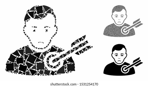 Target man mosaic of irregular pieces in various sizes and color tinges, based on target man icon. Vector bumpy pieces are grouped into mosaic. Target man icons collage with dotted pattern.