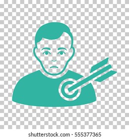 Target Man vector pictogram. Illustration style is flat iconic cyan symbol on a chess transparent background.