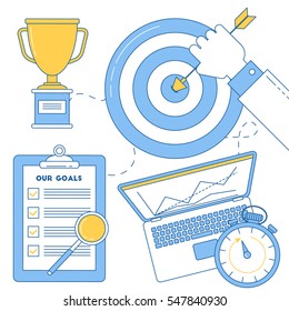 Target with man's hand with arrow, business goal achievement illustration
