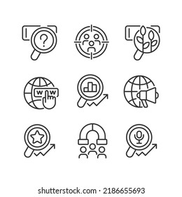 Análisis de mercado objetivo conjunto de iconos lineales perfectos en píxeles. Clientes que atraen a los negocios. Marketing mundial. Símbolos de línea delgada personalizables. Ilustraciones aisladas del contorno vectorial. Trazo editable