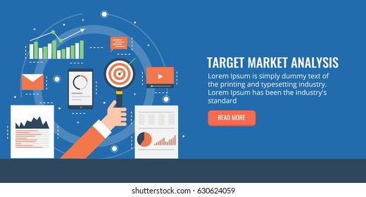 Target market analysis, market survey and research flat design vector concept with icons isolated on blue background