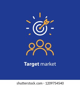 Target market concept, audience, focus group, crowdsourcing and crowdfunding, public relations, vector line icon