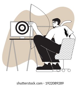 Target market, group or customer concept in simple black and white line style for website, mobile application design or advertisement. Man holds bow and arrow aiming target or bull's-eye on computer. 